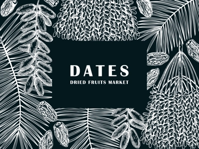 Sketched frame design with date palm leaves and dried fruits illustrations isolated on chalkboard. Hand drawn vegan food ingredients vector background. Oriental sweets sketches - dried dates banner